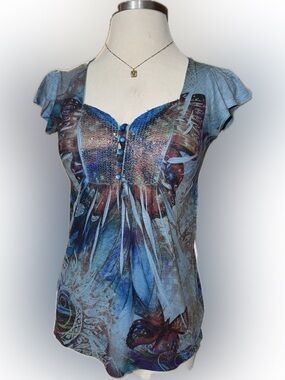 Y2K Energie Blue Butterfly Aop Multicolor Printed Cap Sleeve Top